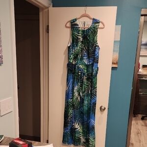 Calvin Klein Blue and Green Leaf Pattern Dress